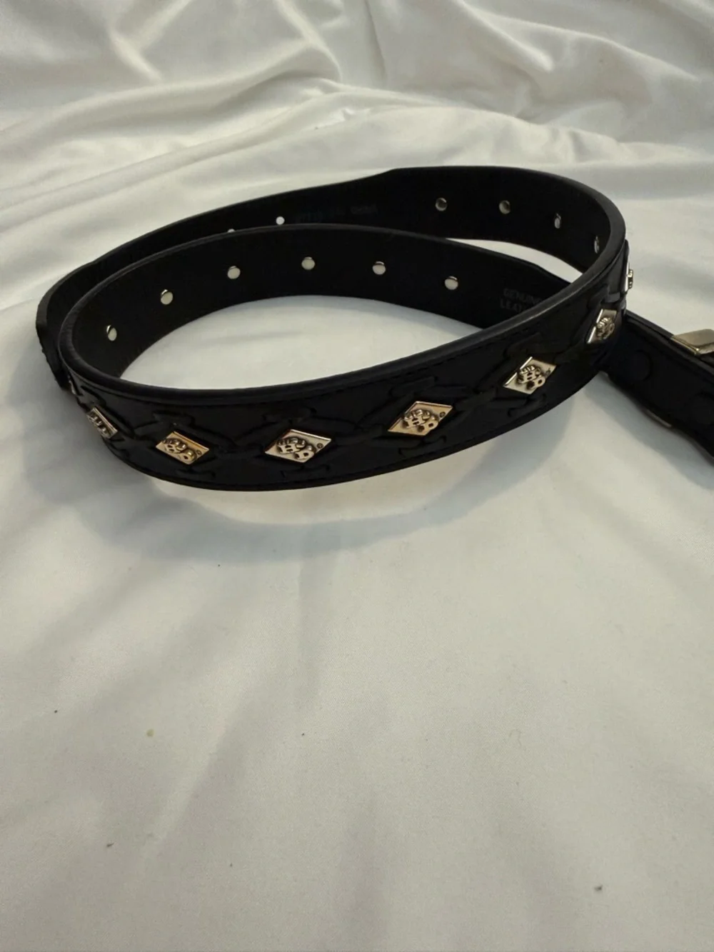 EUC Vintage Harley Davidson Silver-tone Diamond Logo Studded Leather Belt 32